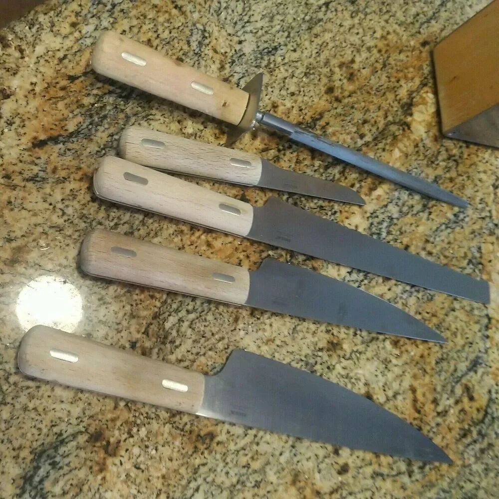 RARE IKEA 5 Wood Handle Knives 6 Piece Set Including Stainless Wood Block